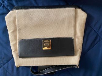 Kate Spade New York Beige Canvas + Black Leather Tote Bag Shoulder Purse - Made in Italy -