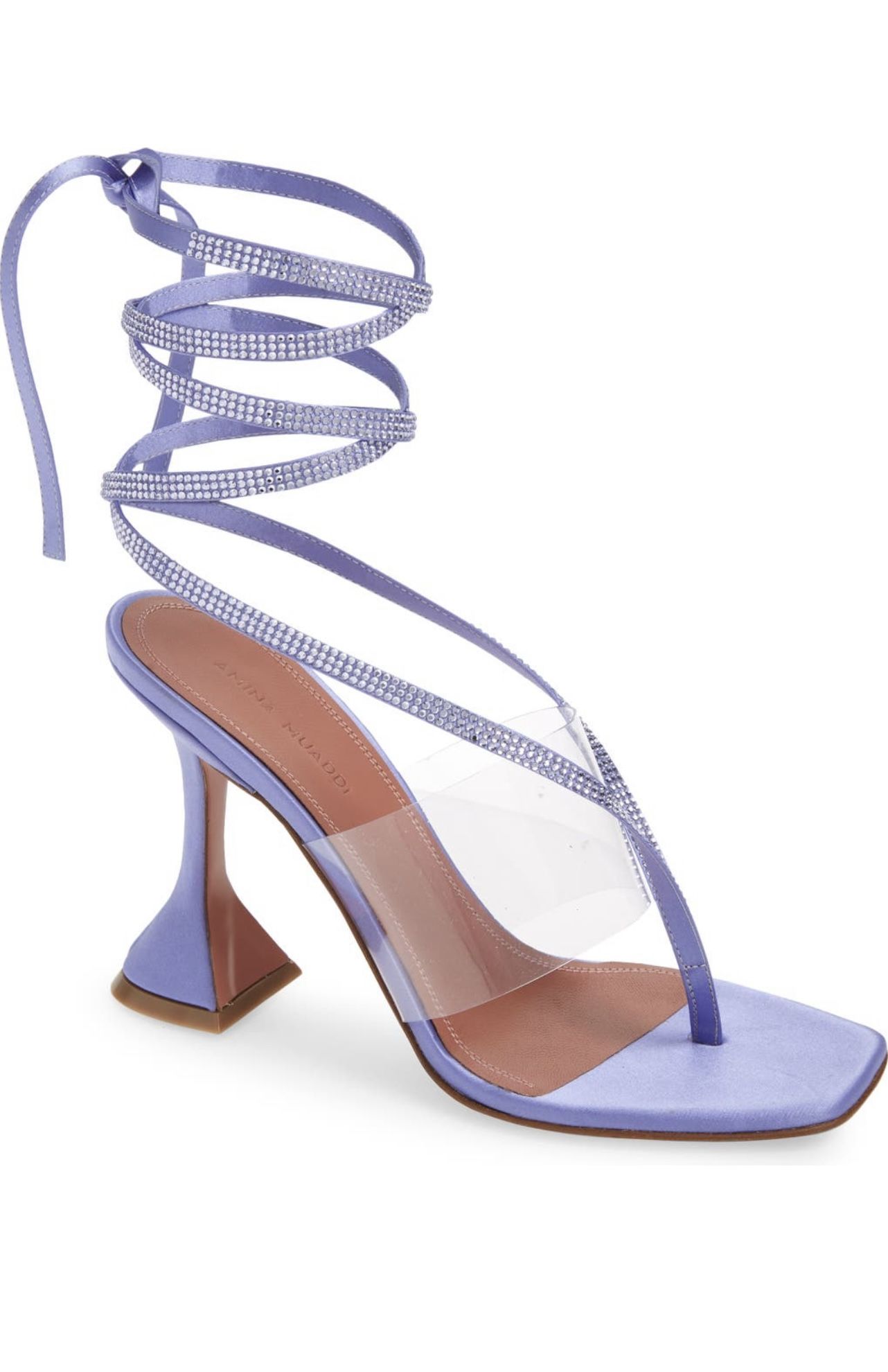 Amina Muaddi Zula Satin Lilac Provence Crystal Ankle Wrap Sandals size 38