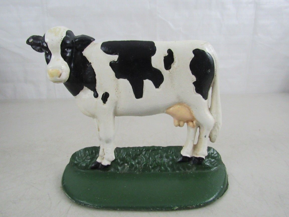 Vintage Hand Painted Cast Iron Dairy Cow Door Stopper 7" X 6"
