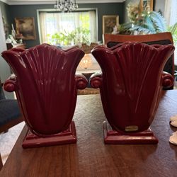 Pair of Hager Pottery Burgundy Mid Century Modern Art Deco Vases