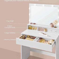 Vanity Desk with Power Outlets, Makeup Vanity with Mirror and Lights, with Upholstered Vanity Stool, 9 Dimmable LED Lights, 2 Compartments