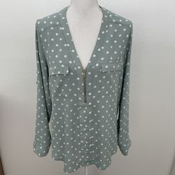 Express Green w/ White Polka Dot V-Neck Blouse w/ Gold Zipper, L