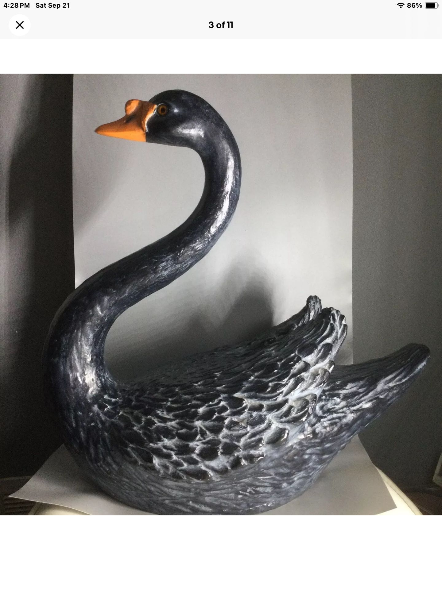  Vintage Large Black Swan 18” Universal Statuary Statue 1984 #335 835 Resin Rare Bird.  Rare. Local pickup only from Maryland.