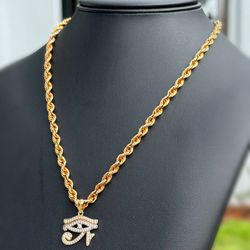 Jewelry 10k yellow gold mom white CZ stone 0.70CTW eye of Horus pendant rope chain necklace 22.00” 4.50mm