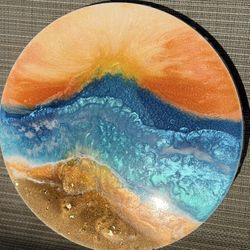 🌅 Golden Sunset Resin Ocean Wall Art – 12” Round Canvas – Handmade