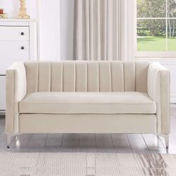 56inch Loveseat Sofa, Beige Color Velvet , Modern Channel Tufted Velvet Loveseat for Living Room