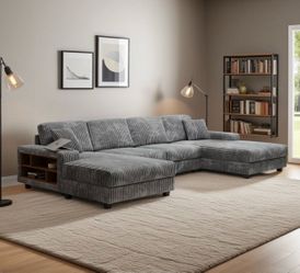 137" U-shaped Modular Sectional Sofa 4 Pieces Oversized Corduroy Comfy Couch With 2 Side Storage Shelves & Chaise Sets
