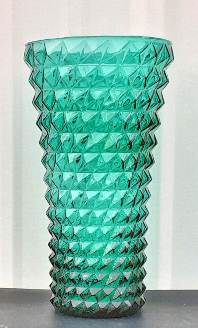 Made in Italy MCM teal aquamarine 10" diamond patterned Mid Century art glass vase AI 