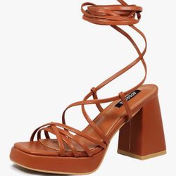 Womens Strappy Heels Lace Up Chunky Brown Heel Sandals 