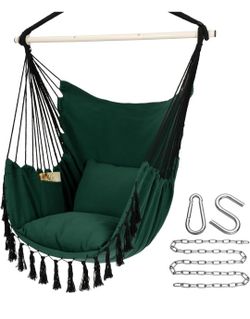 Dark Green Hammock Chair Hanging Rope Swing, Max 500 Lbs, 2 Cushions Included, Large Macrame Hanging Chair with Pocket for Superior Comfort