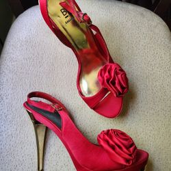 Stunning Red Satin Heels with Gold Platform - Size 9