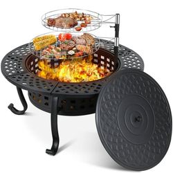 Outdoor Fire Pit BBQ Wood Burning Fire Pit Wood Bowl Firepit with Lid and Fire Poker