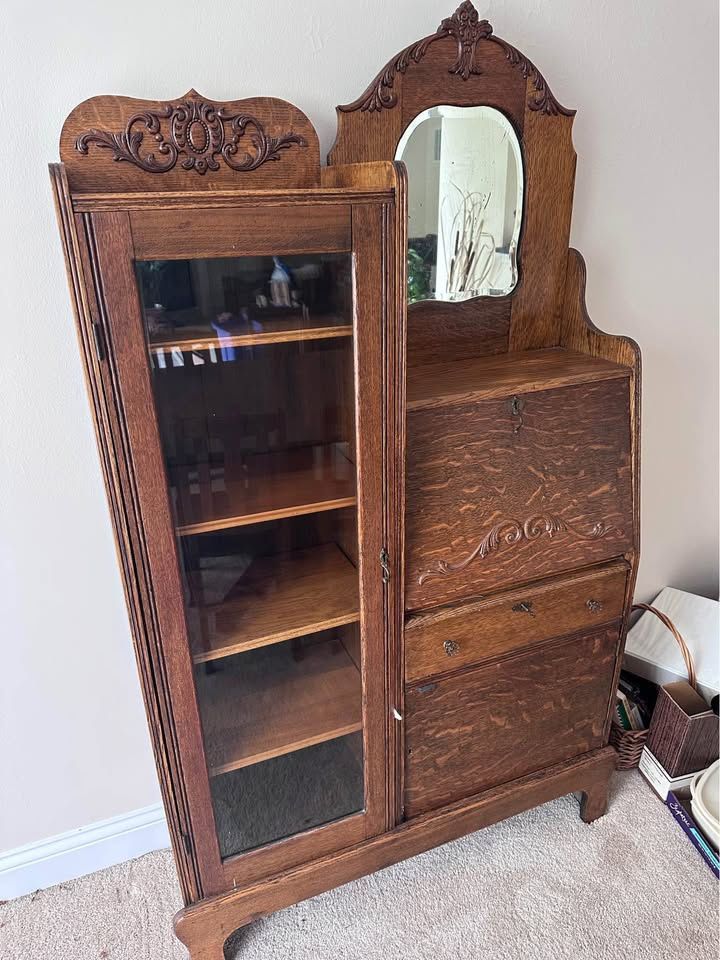 Antique side by side Secretary with bevelled glass mirror with glass door on bookcase