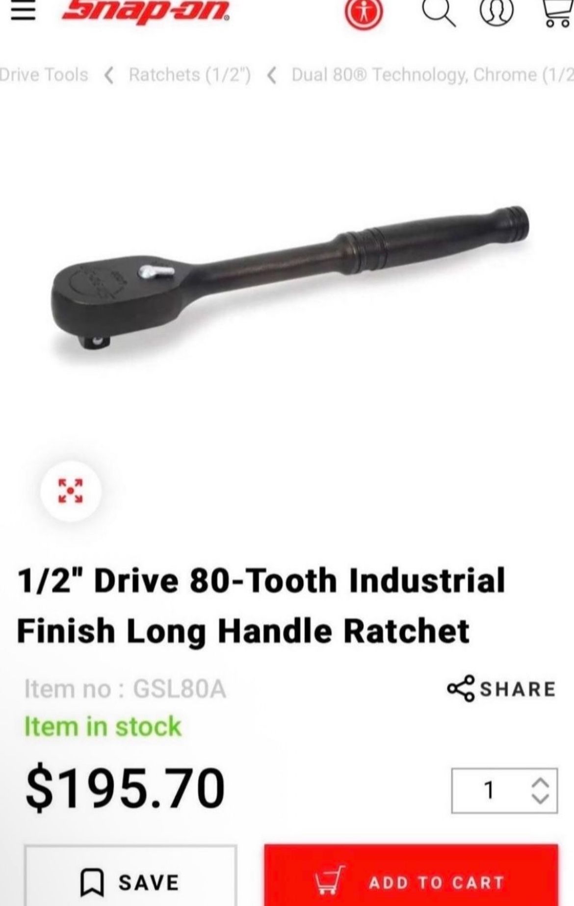 Snap-on 1/2" Drive 80-Tooth Long Handle Ratchet $100