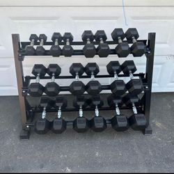 New 5-50 Rubber Hex Dumbbell Set With 3 Tier Rack