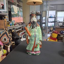 Immortal Fu Porcelain Figurine, One Of The Chinese Sanxing Wise Men Representing Good Fortune & Happiness, Vivid Colors Mid 20th Century 13.5" Tall