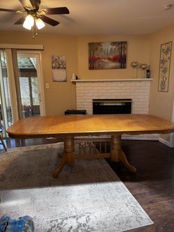 Solid Oak Table, Six Chairs + Two Leaves