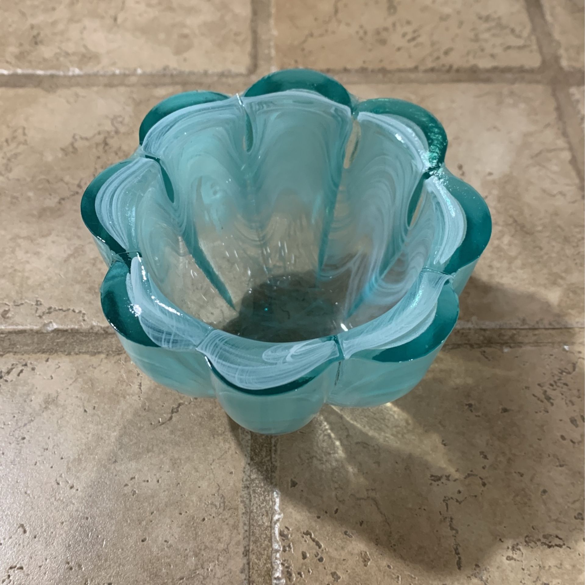 ECOGLASS 100% Recycled Glass Blue Candle Votive Bowl Lobed Hand Blown Spain