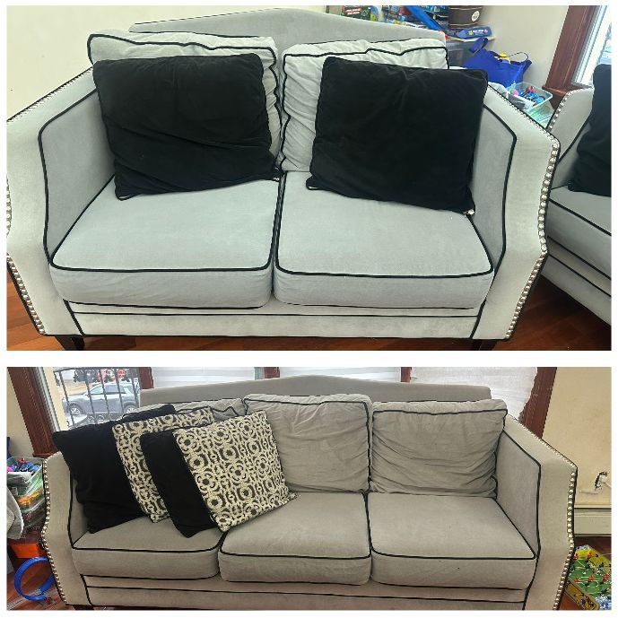 Pair of grey velvet sofa and loveseat Upstairs sofa and loveseat