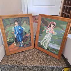 Vintage MID-CENTURY Paint By Number PINKIE & BLUE BOY Framed - MOD KITSCH Pair