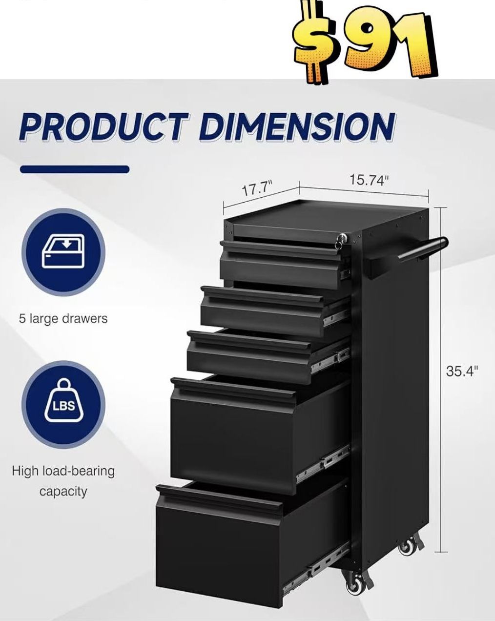 ✌️ 5-Drawer Metal Tool Storage Cabinet with Wheels,Rolling Tool Chest with Drawer and Locking Keys,Heavy Duty Tool Storage Organizer for Garage,Wareho