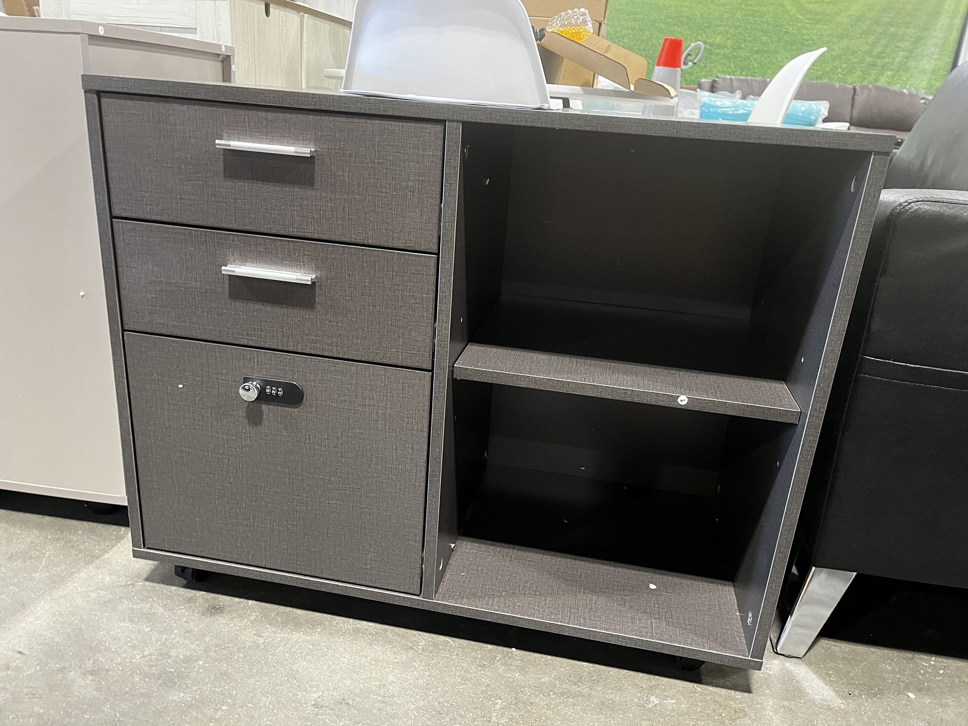 Brand new Wood File Cabinet, 3 Drawer Mobile Lateral Filing Cabinet on Wheels, dark gray with lock