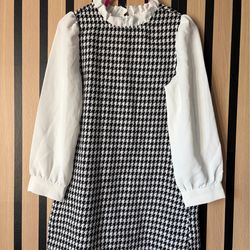 SheIn Houndstooth Shift Knee Length Dress Ruffle Neck Puff Sleeve Girls 2-3Y