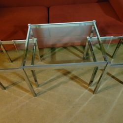 MCM Modern Chrome Steel And Glass Coffee Table With Two End Tables, 1970s