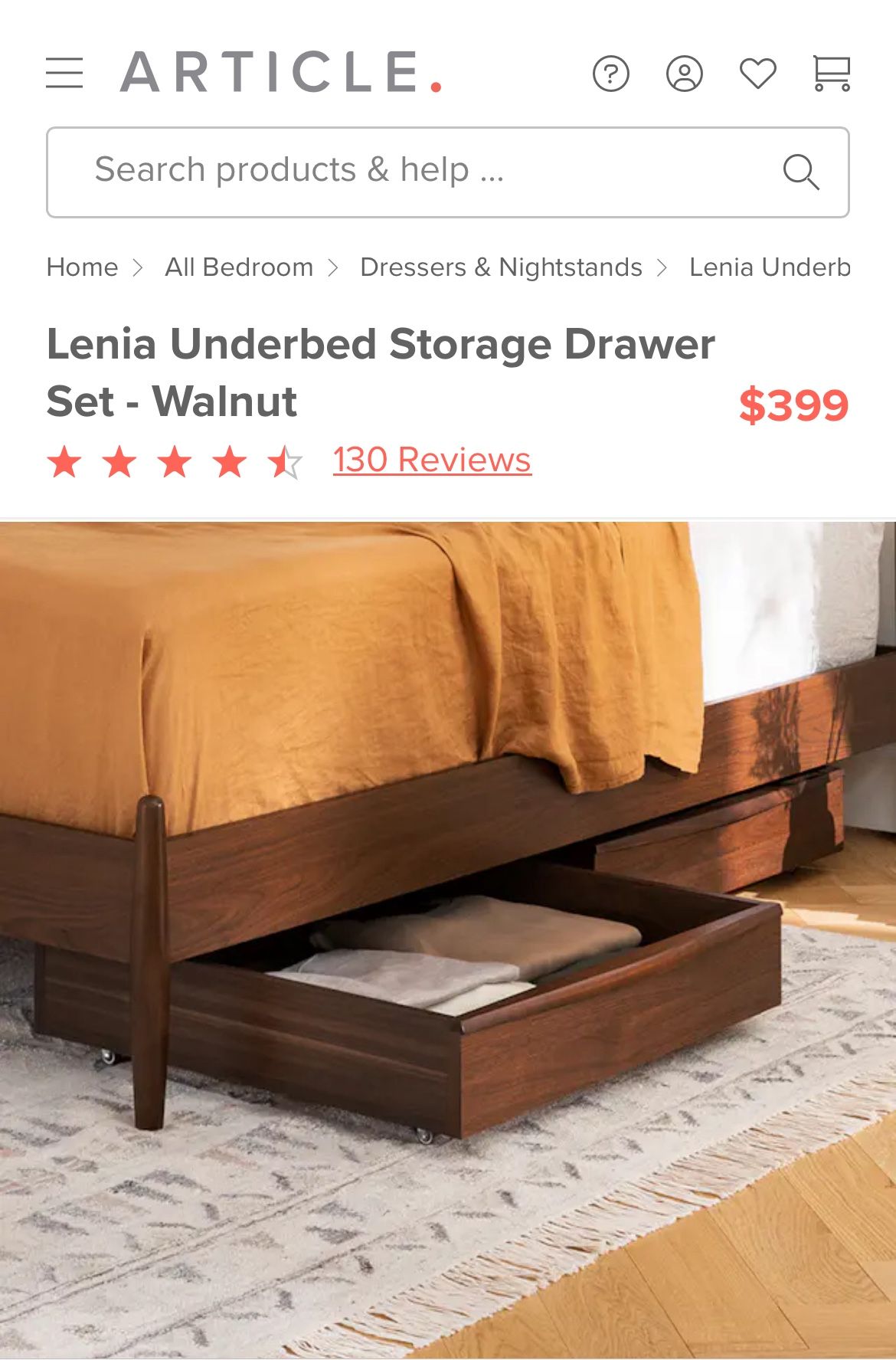 Article, Lenia Walnut Underbed Storage Drawer Set