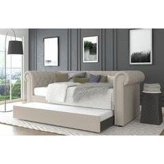 Linen Fabric Tufted Rolled Arm Daybed with Twin Trundle