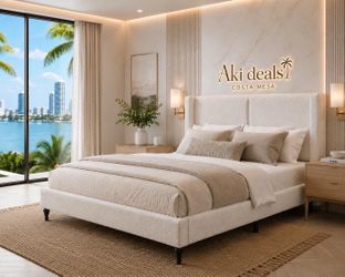 King Platform Bed with Tall Bouclé Headboard, Solid Wood Legs, Modern Luxury Design (white) NEW J-11