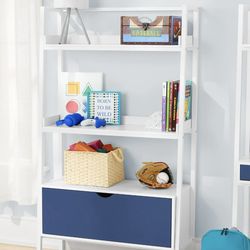 Kids Ladder Bookcase with Drawer, Navy Blue/White