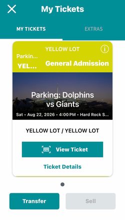 YELLOW PARKING PASS: Miami Dolphins vs Giants