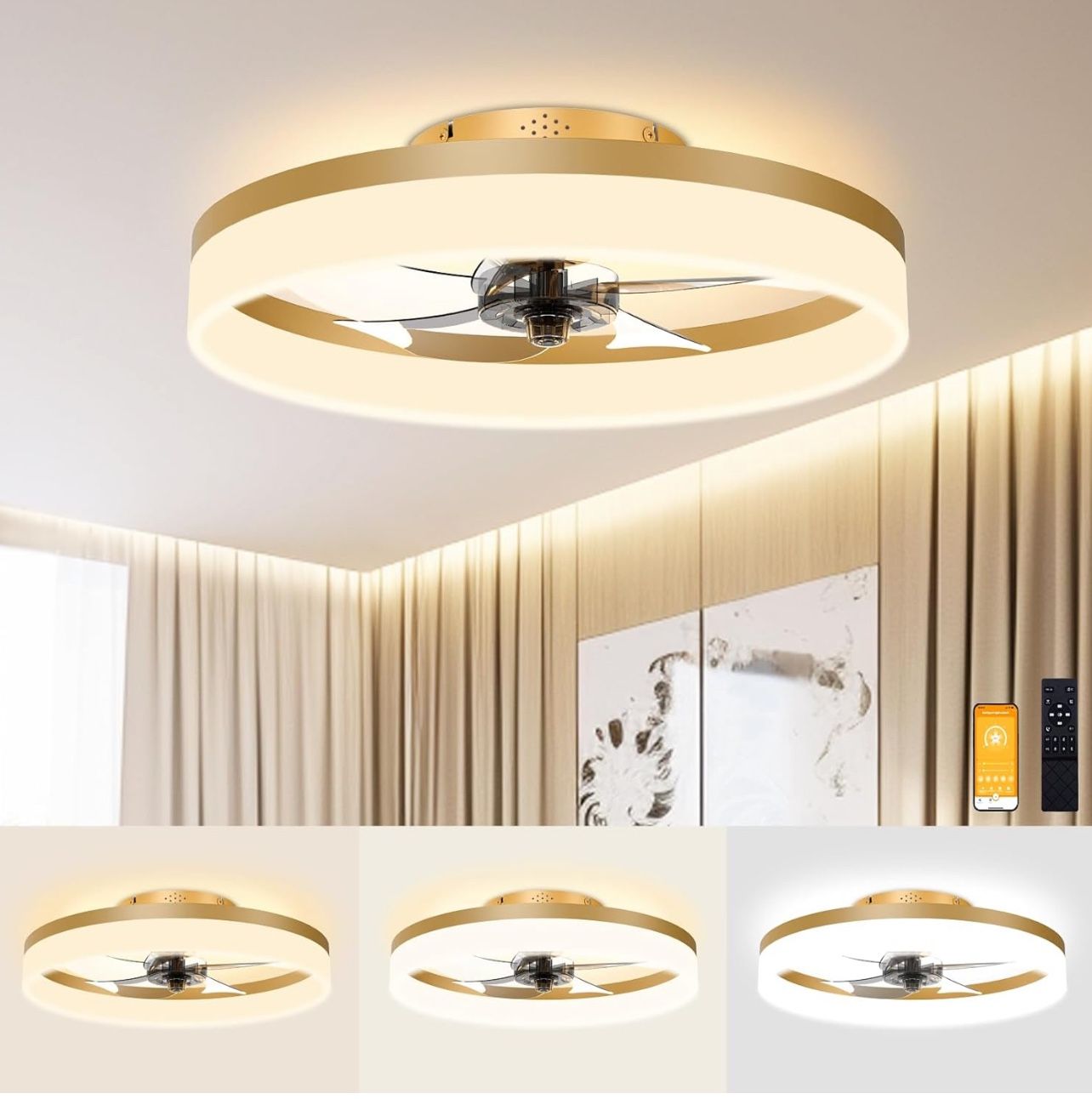 Low Profile Ceiling Fans with Lights and Remote, 19.7in Fandelier Ceiling Fan Flush Mount, 3000K-6500K Smart Bladeless LED Fan Light, Gold Modern Ceil