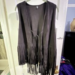 Womans Faux Suede Fringe Black Vest