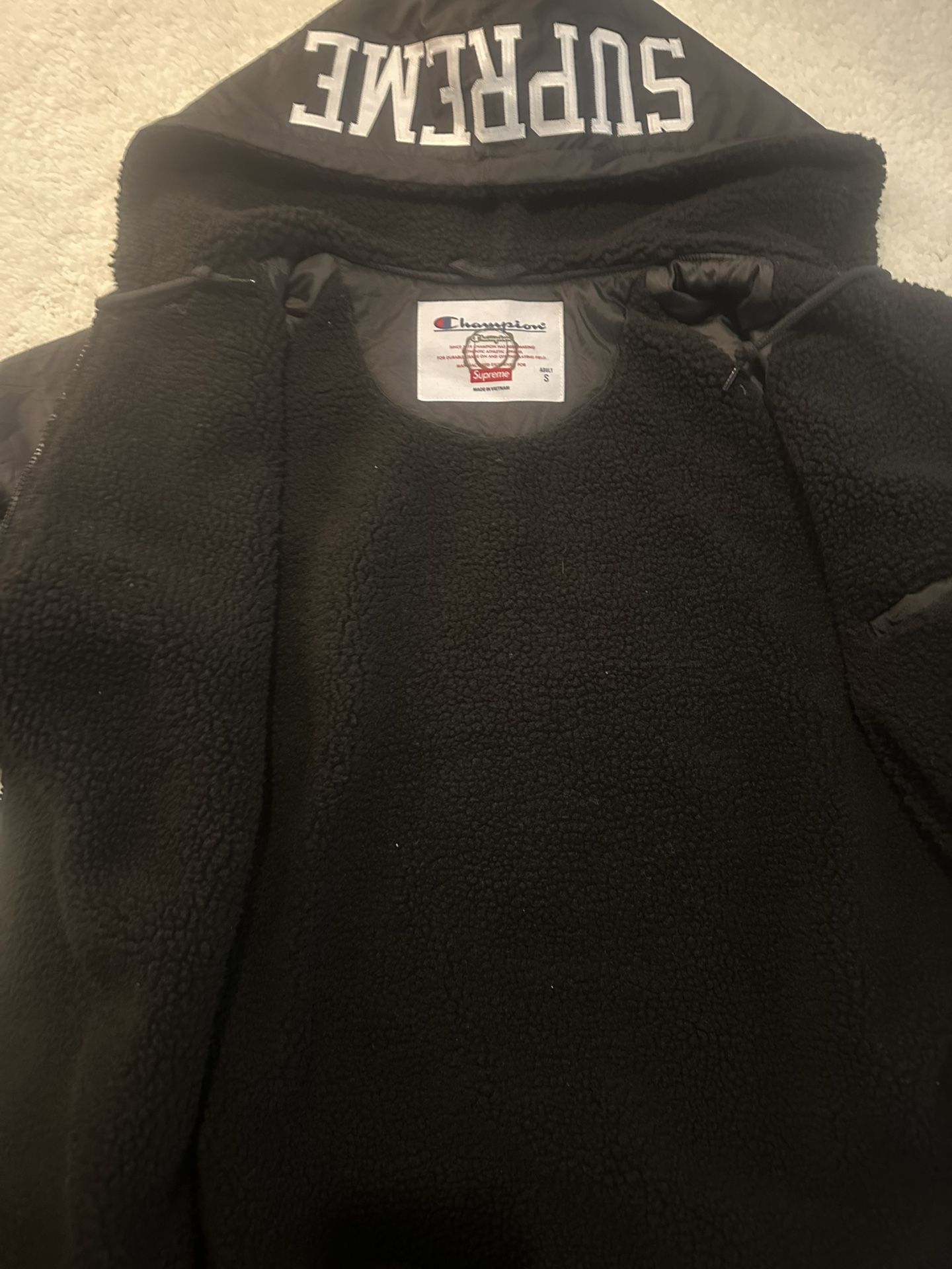 Supreme Champion Sherpa hooded, full zip up jacket size small men’s
