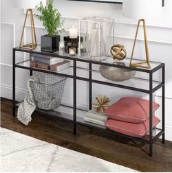 Sivil 64” Glass Console Table – Blackened Bronze Metal Frame