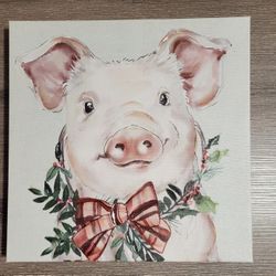 Farmhouse Holiday Pig with Wreath Canvas, 12 X 12