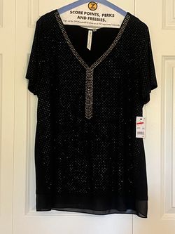 Black Embellished V-Neck Short Sleeve Top