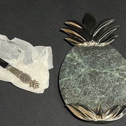 Vintage Godinger Charcuterie Board Silver Plate And Granite Pineapple With Knife