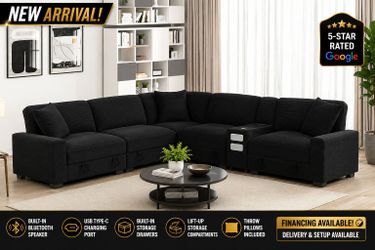 Black Modular Sectional w/ Bluetooth Speaker & Storage Console | USB-C Charging