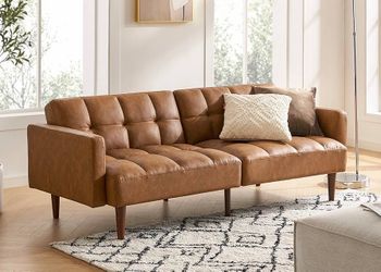 2034f  mopio 76.4" Futon Sofa Bed, Couch, Loveseat, Sleeper Sofa, Mid Century Modern Futon Couch, Sofa Cama, Couches for Living Room (Aaron PU, Pecan 
