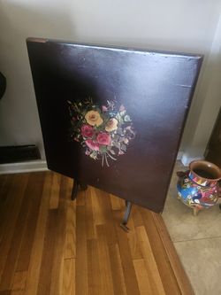 1940s Vintage Card Table Leather Floral Hand Painted