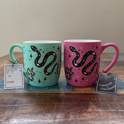Mint Green and Hot Pink Cobwebs and Cauldrons Snake Charm Mugs Set!