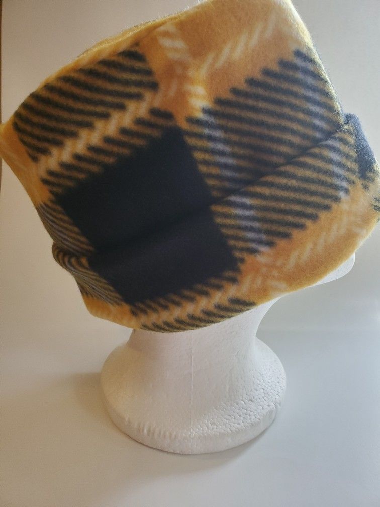 New Fleece Plaid Gold/Black Hat/Scarf Set Adult sz Hand Crafted