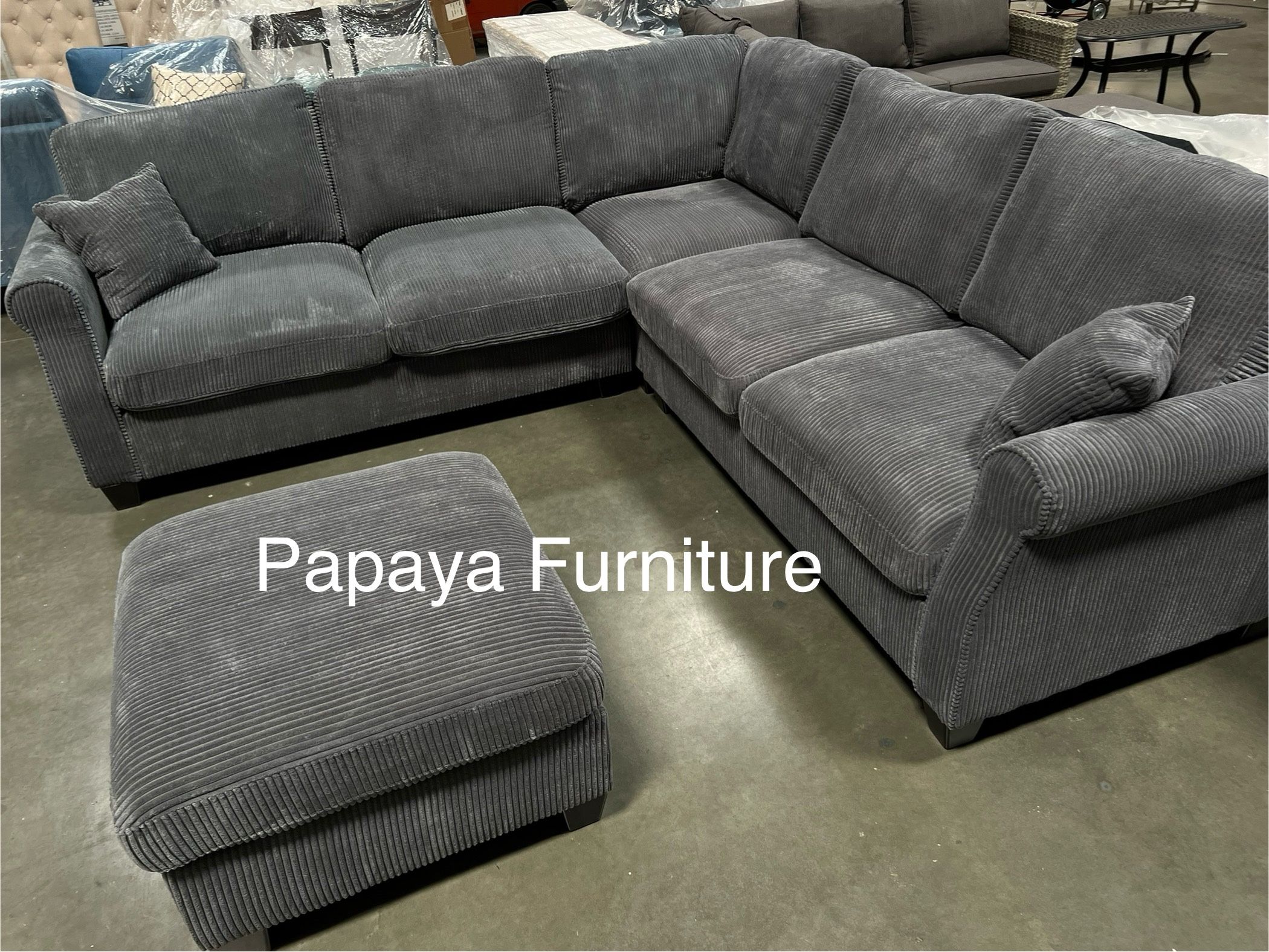 New! Plush Sectional Sofa And Ottoman, Grey Sofa, Grey Couch, Grey Sectional Couch, Sofas, Sectionals, Sectional Couch, Gray Sectional,Corduroy Couch