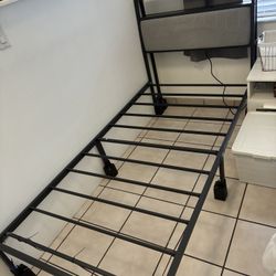 Twin Bed Frames with LED Lights & Charging Station, Metal Platform Frame with Upholstered Headboard, No Box Spring Needed