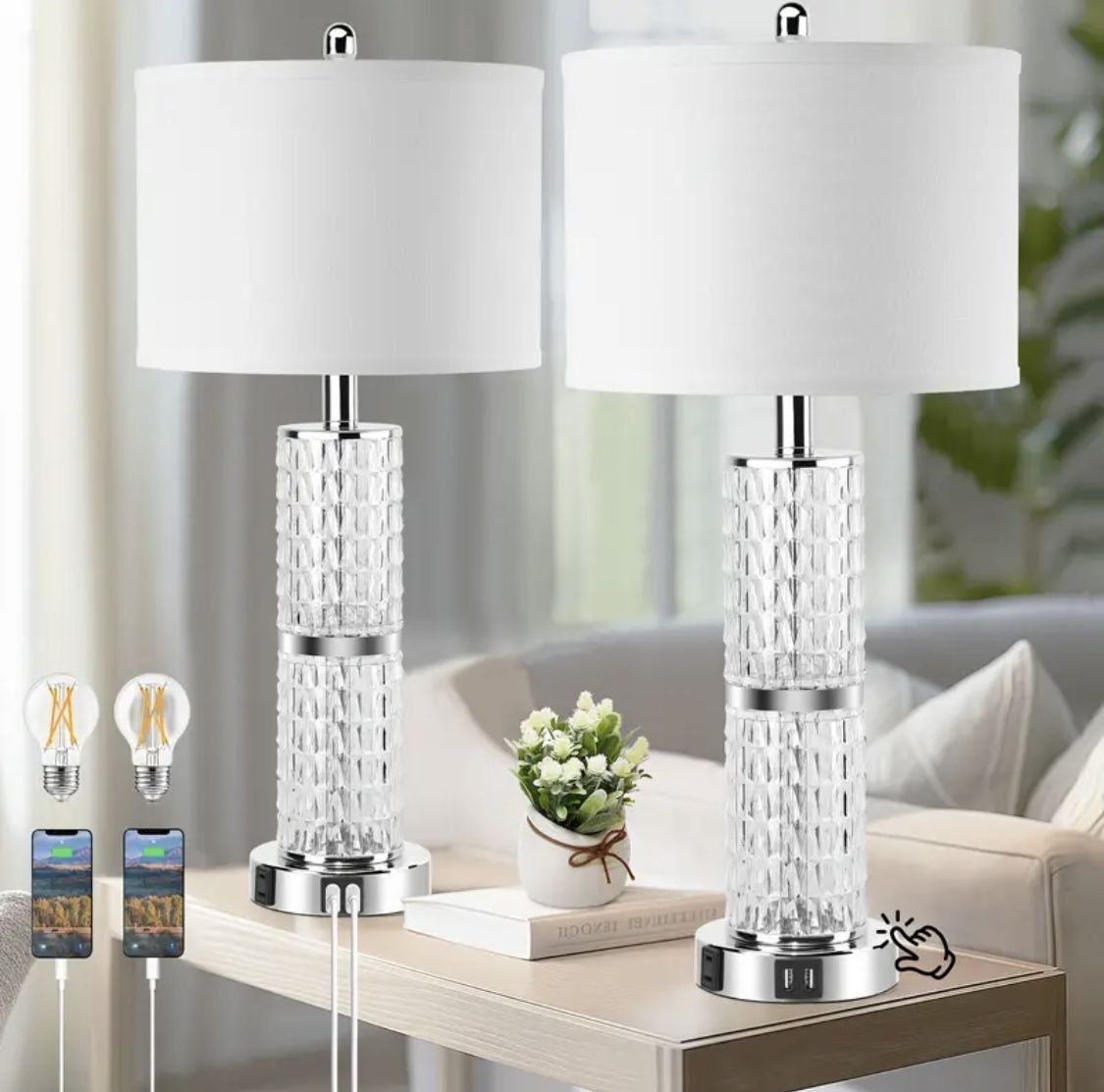 Set Of 2 Table Lamps 26 Inches Tall 3 Way Touch Control With USB Charging Ports . AC Outlet . ( 2 Bulbs Included ) New In Original Box