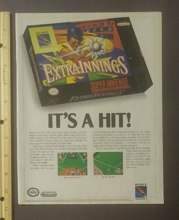 1991 Ad SNES SUPER NINTENDO EXTRA INNINGS Video Game Baseball Sony Imagesoft Its A Hit! Sports Collectible Vintage Advertisement