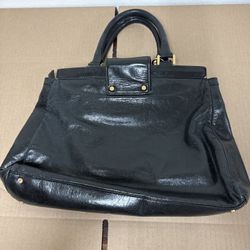 Tory Burch Holland Black Leather Satchel Bag Removable Crossbody Strap Mirror 